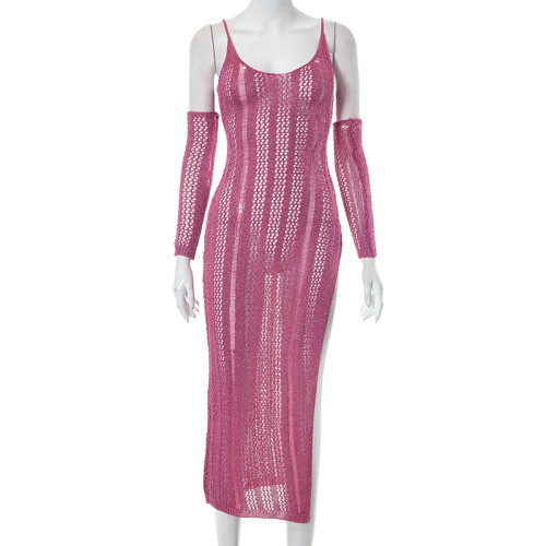 Woolen suspender deep V-slit dress sleeve long skirt