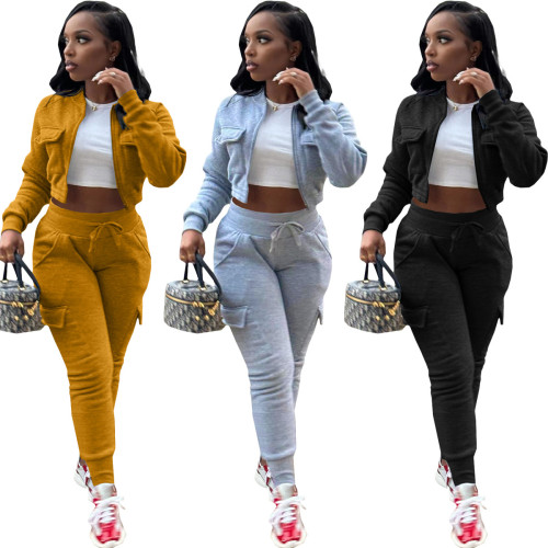 Women's threaded patchwork sweatshirt plush work pants casual sports two-piece set