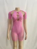 Hanging Neck Sleeves Sexy Slim Fit Perspective Hollow High Waist One Piece Shorts