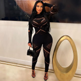 Round neck long sleeved hollowed out diamond patchwork slim fitting sexy high waisted jumpsuit
