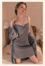 Ice Silk Sling Sexy Home Fur Women's Sleeping Dress Set