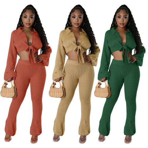 Tie up micro horn solid knit sweater two-piece set
