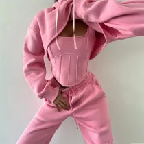 Women's hooded sweaters, hoodies, suspenders, small vests, waistband pants, three piece set