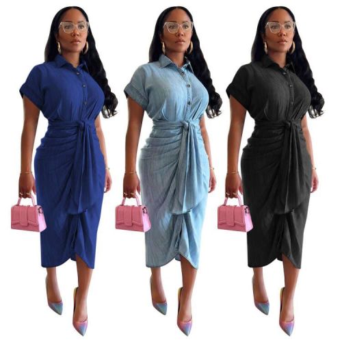 High elastic pleated denim dress with straps