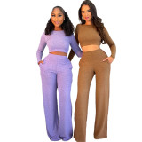 Open navel long sleeved top and pants casual set
