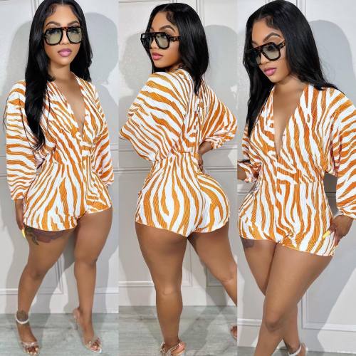 Printed long sleeved V-neck sexy jumpsuit