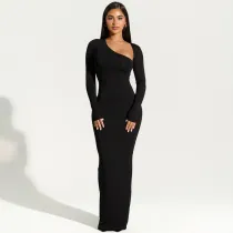 Long sleeved diagonal collar sexy spicy girl slim fitting split dress