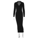 Long sleeved slim fitting lapel slim striped dress