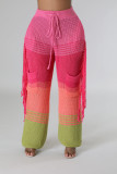 Women's casual personalized knitted color matching hand hook tassel loose straight leg pants