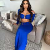 Sexy Chest Wrapping Long Sleeve Split Back Long Dress Set