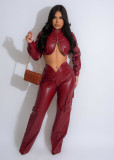 PU leather wrap chest autumn and winter leather pants zipper sexy two-piece set