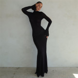 Round Neck Long Sleeve Sexy Open Back Slim Fit Wrap Hip Dress