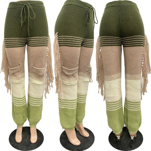 Women's casual personalized knitted color matching hand hook tassel loose straight leg pants