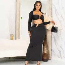 Sexy Chest Wrapping Long Sleeve Split Back Long Dress Set