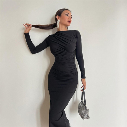 Women's Fashion Round Neck Long Sleeve Slim Fit Wrap Hip Dress