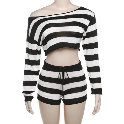 Striped Contrast Color Off Shoulder Long Slim Fit Open Umbilical Wool Shorts Set