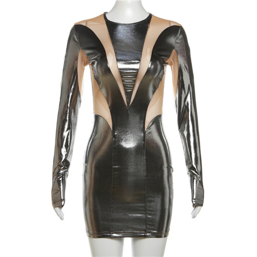 Metal color patchwork perspective sexy slim fitting buttocks dress