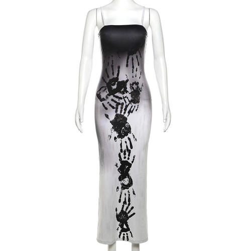 Abstract gradient printed strap off back sexy slim fitting dress
