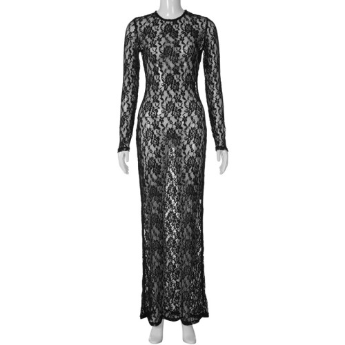 Women's Sexy Hollow Lace Pattern Perspective Slim Fit Long Dress