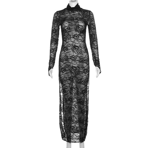 Sexy Lace Perspective Long Sleeve Split Dress