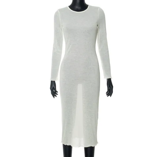 Solid round neck long sleeved ruffled basic casual dress