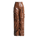 Multi pocket work leather pants