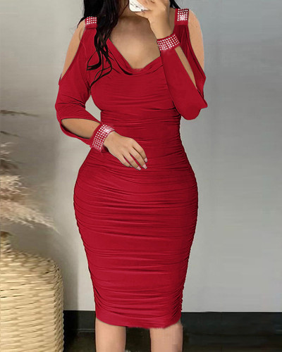 Slim Fit Pleated Long Sleeve Hot Diamond Wrapped Hip Tight Dress