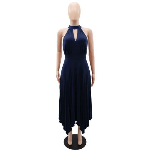 Sleeveless irregular hem pleated hanging neck dress