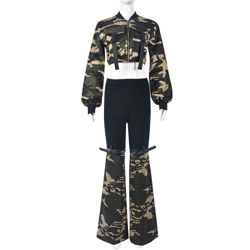 Camouflage long sleeved set, personalized waist revealing elastic denim belt and pants set