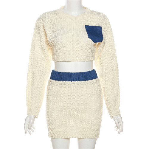 Denim collage long sleeved sweater slim fit knitted short skirt set