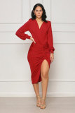 Long sleeved, high waisted, slim fit, irregular buttocks wrapped dress