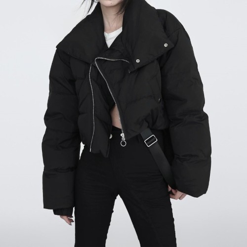 Short cotton jacket with diagonal zipper, high collar, windproof and thick coat