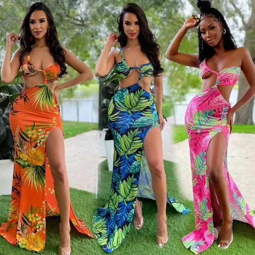 Women's printed sexy split strap dress