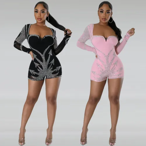 Sexy Hot Diamond Elastic Tight Long sleeved jumpsuit