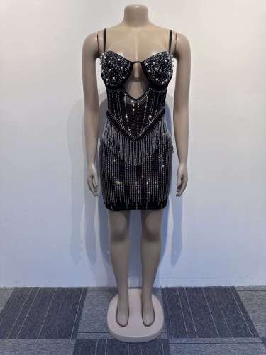 Women's hot diamond pearl hollow diamond strip wrapped hip elastic suspender dress