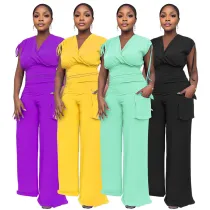 Drawstring high waisted women's loose straight leg pants two-piece set