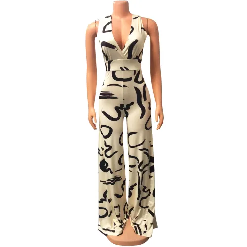 Women's sexy V-neck printed sleeveless jumpsuit
