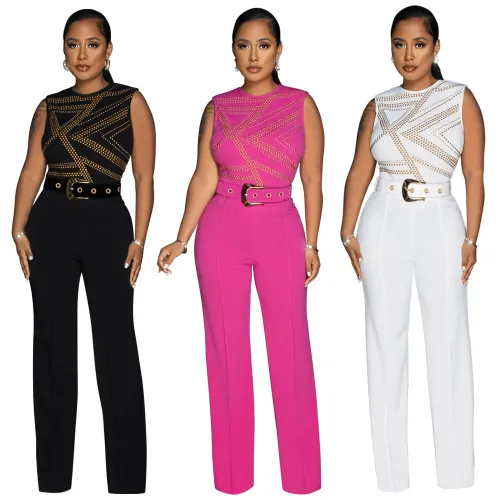 Round necked sleeveless hot diamond jumpsuit loose wide leg pants