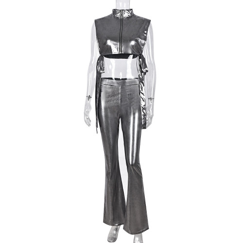 Sexy side exposed hollow vest with high waistband and flared pants set