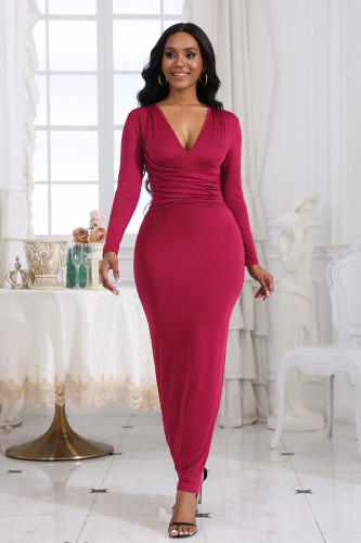 V-neck slim fit pleated solid color long sleeved dress