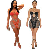 Perspective strap hot diamond wrap buttocks A-line dress