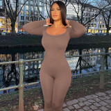 Solid color square neckline pleated long sleeved slim fit sports yoga jumpsuit
