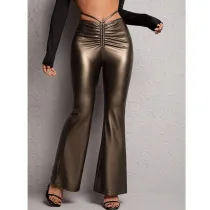Low waisted lace up PU elastic slim fit wide leg flared pants