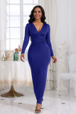 V-neck slim fit pleated solid color long sleeved dress