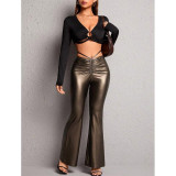 Low waisted lace up PU elastic slim fit wide leg flared pants