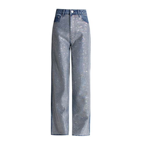 Design inspired diamond studded high waisted straight leg jeans
