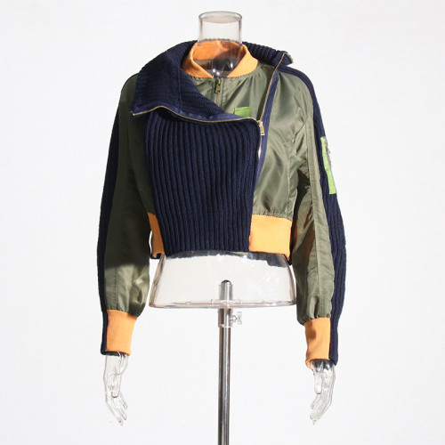 Spliced contrasting knitted waistband short jacket