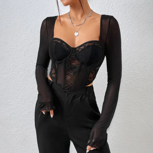 Lace mesh fishbone slim fit square neck long sleeved top