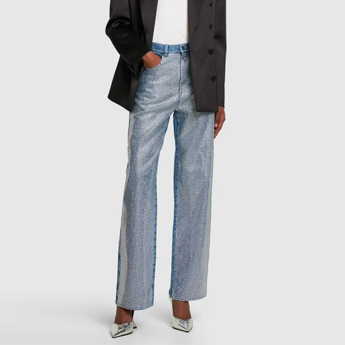 Design inspired diamond studded high waisted straight leg jeans