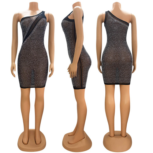 Sexy Mesh Hot Diamond Spliced Perspective Nightclub Dress